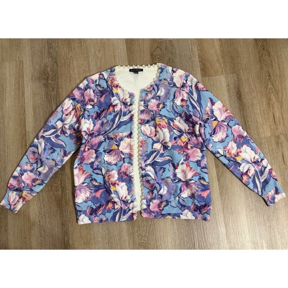 Boston Proper Women’s Floral Pearl Trim Cardigan Sweater XL Blue Purple White
